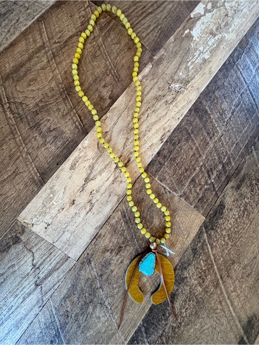 Handmade Hair-On Hide Yellow Beaded Necklace with Turquoise Pendant - Women